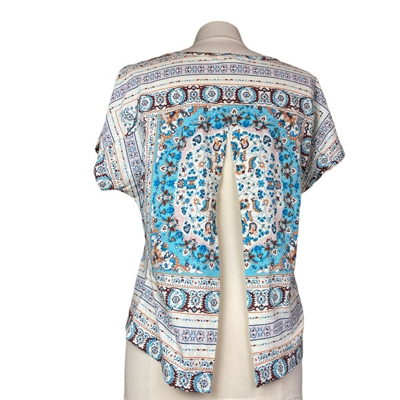 Sundance Split Back Tunic Top Boho Print Short Sleeve Beaded Neckline Sz Medium - Picture 4 of 6